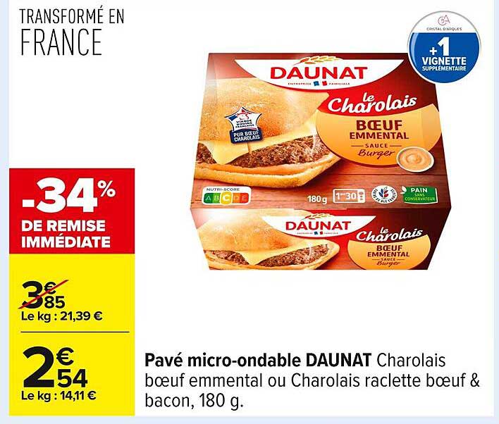 Pavé micro-ondable DAUNAT Charolais boeuf emmental ou Charolais raclette boeuf & bacon, 180 g.