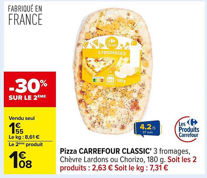 Pizza CARREFOUR CLASSIC' 3 fromages, Chèvre Lardons ou Chorizo, 180 g