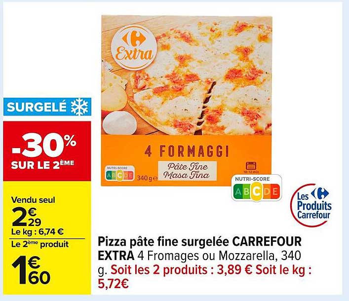 Pizza pâte fine surgelée CARREFOUR EXTRA 4 Fromages ou Mozzarella, 340 g