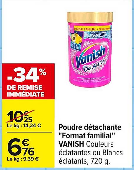 Poudre détachante "Format familial" VANISH Couleurs éclatantes ou Blancs éclatants, 720 g.