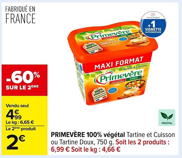 PRIMEVÈRE 100% végétal Tartine et Cuisson ou Tartine Doux, 750 g