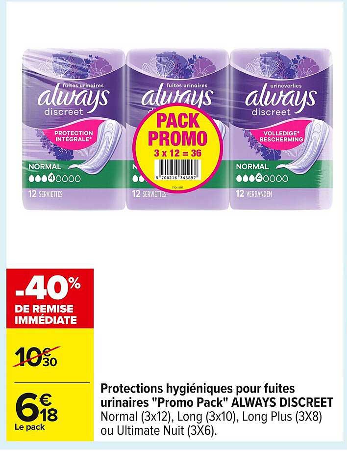 Protections hygiéniques pour fuites urinaires "Promo Pack" ALWAYS DISCREET