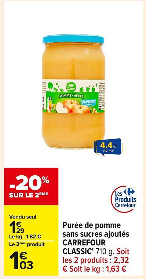 Purée de pomme sans sucres ajoutés CARREFOUR CLASSIC' 710 g