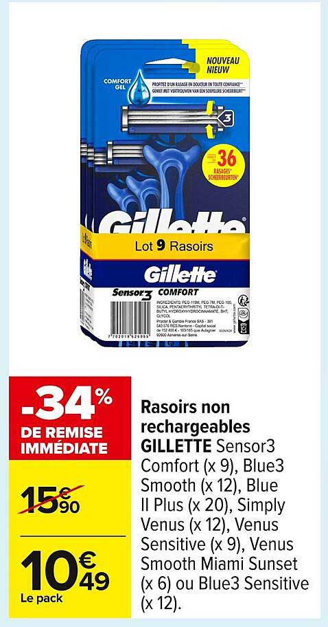 Rasoirs non rechargeables GILLETTE Sensor3 Comfort (x 9), Blue3 Smooth (x 12), Blue II Plus (x 20), Simply Venus (x 12), Venus Sensitive (x 9), Venus Smooth Miami Sunset (x 6) ou Blue3 Sensitive (x 12).