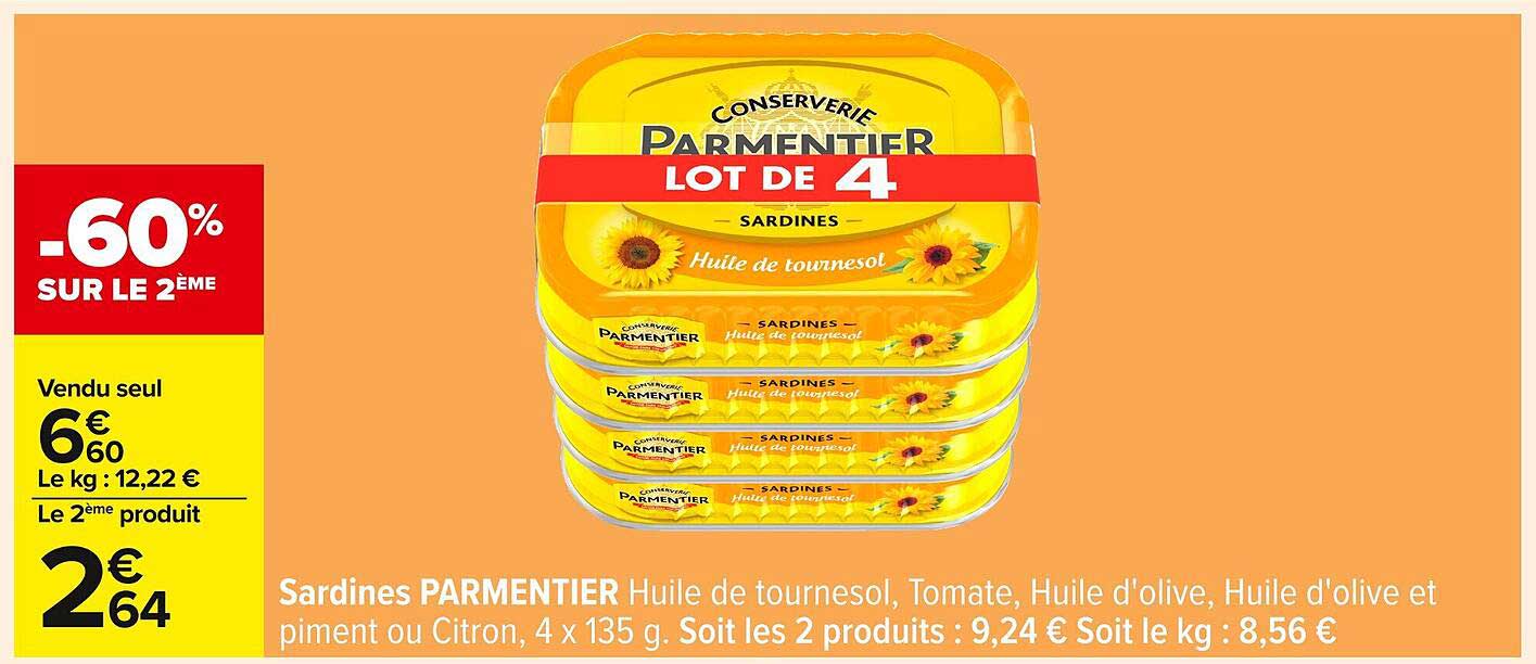 Sardines PARMENTIER Huile de tournesol, Tomate, Huile d'olive, Huile d'olive et piment ou Citron, 4 x 135 g.