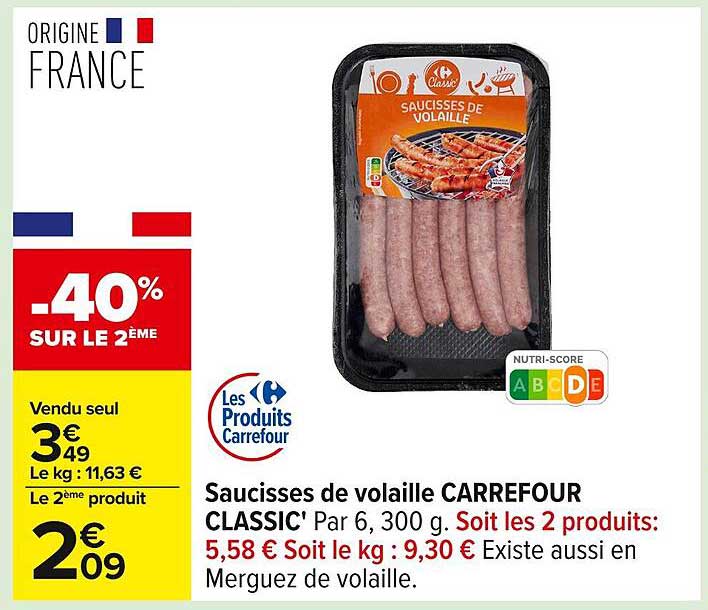 Saucisses de volaille CARREFOUR CLASSIC'