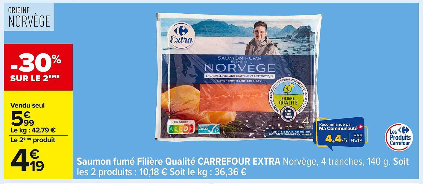 Saumon fumé Filière Qualité CARREFOUR EXTRA Norvège, 4 tranches, 140 g.