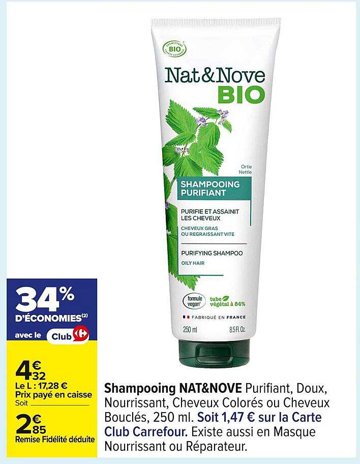 Shampooing NAT&NOVE Purifiant, Doux, Nourissant, Cheveux Colorés ou Cheveux Bouclés, 250 ml.