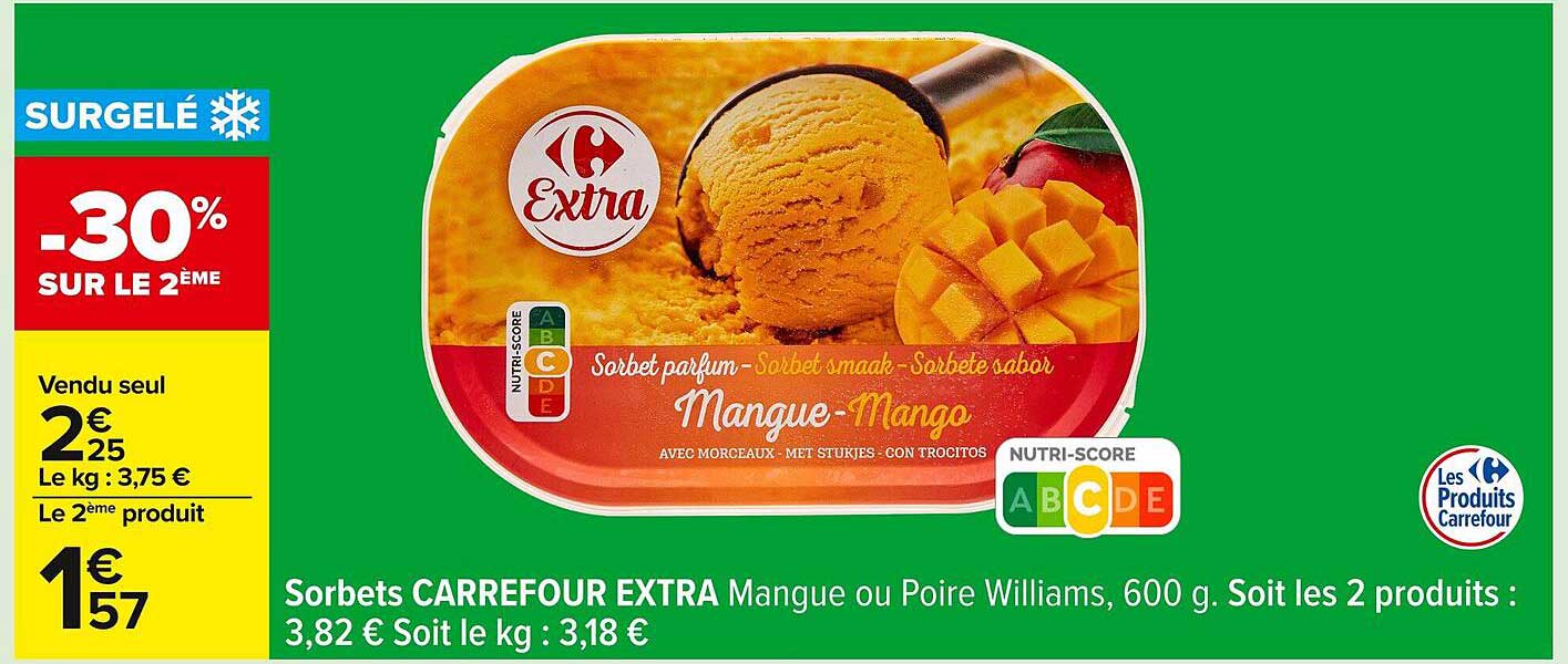 Sorbet parfum Mangue ou Poire Williams, 600 g.