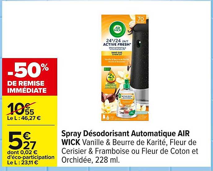 Spray Désodorisant Automatique AIR WICK Vanille & Beurre de Karité, Fleur de Cerisier & Framboise ou Fleur de Coton et Orchidée, 228 ml.
