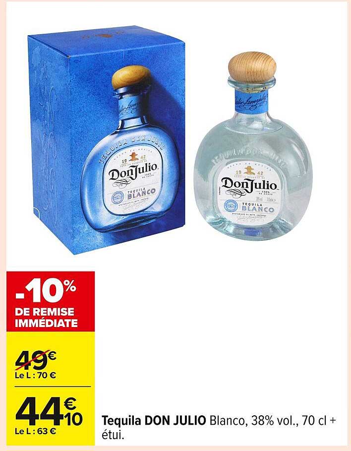 Tequila DON JULIO Blanco, 38% vol., 70 cl + étui.