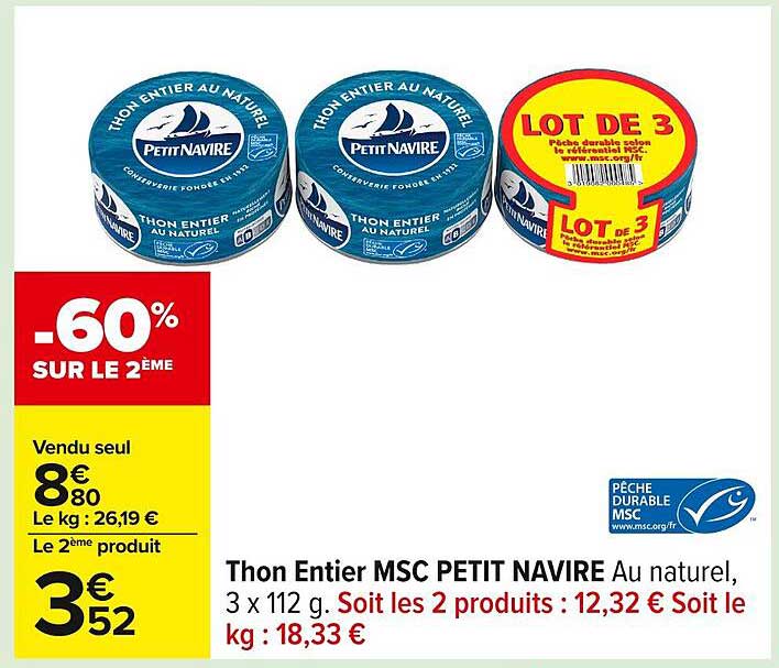 Thon Entier MSC PETIT NAVIRE Au naturel, 3 x 112 g