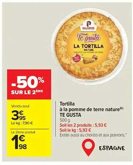Tortilla à la pomme de terre nature TE GUSTA