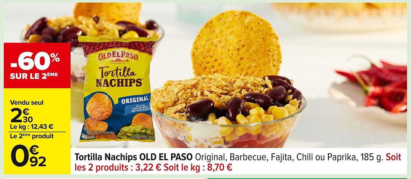Tortilla Nachips OLD EL PASO Original, Barbecue, Fajita, Chili ou Paprika, 185 g