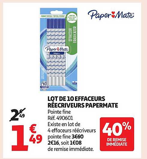 LOT DE 10 EFFACEURS RÉCEVEURS PAPERMATE