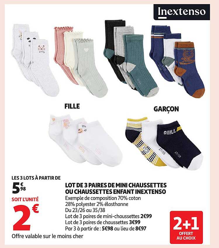 LOT DE 3 PAIRES DE MINI CHAUSSETTES OU CHAUSSETTES ENFANT INEXTENSO