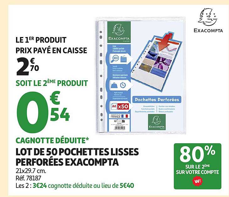 LOT DE 50 POCHETTES LISSES PERFORÉES EXACOMPTA