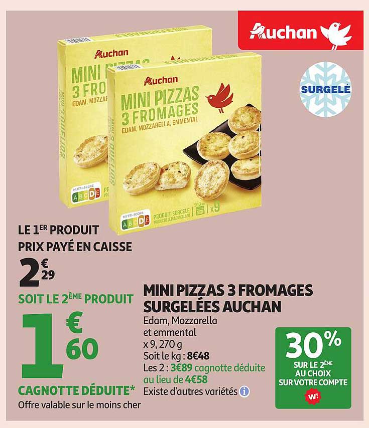 MINI PIZZAS 3 FROMAGES SURGELÉES AUCHAN