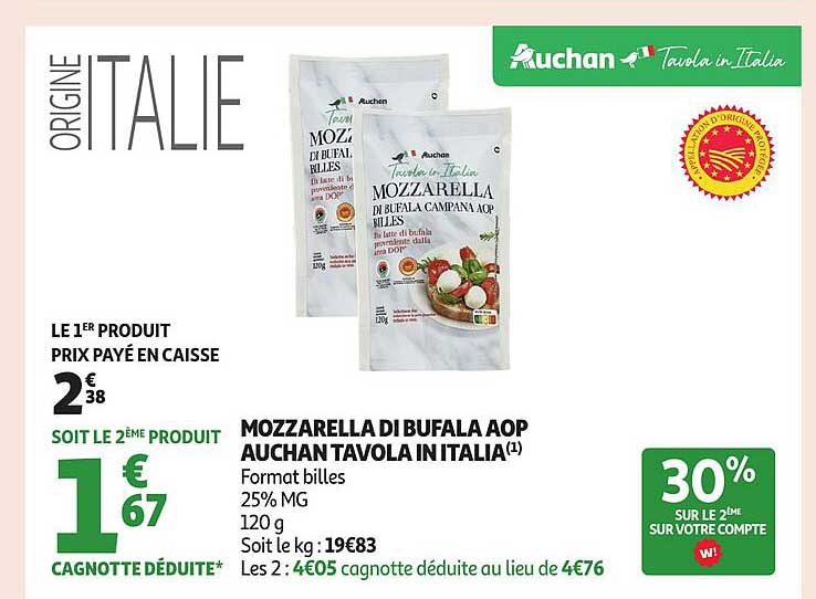 MOZZARELLA DI BUFALA AOP AUCHAN TAVOLA IN ITALIA