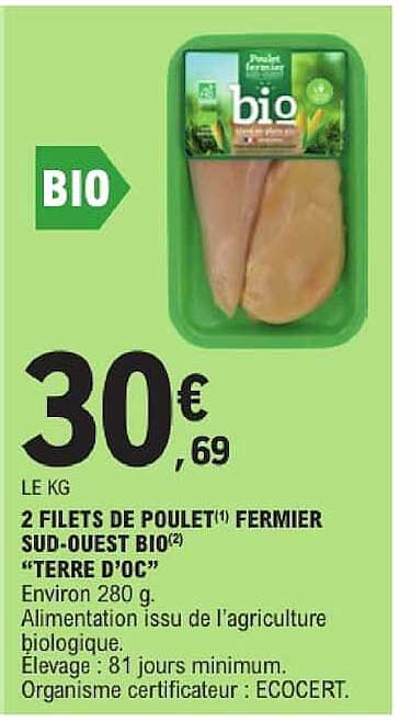 2 FILETS DE POULET(1) FERMIER SUD-OUEST BIO(2) "TERRE D'OC"