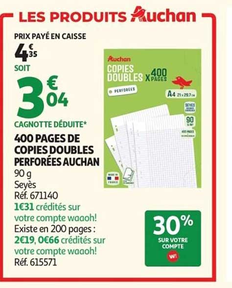 400 PAGES DE COPIES DOUBLES PERFOREES AUCHAN