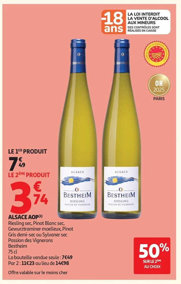 ALSAE AOP(1) Riesling sec, Pinot Blanc sec, Gewurztraminer moelleux, Pinot Gris demi-sec ou Sylvaner sec Passion des Vignerons Bestheim 75 cl
