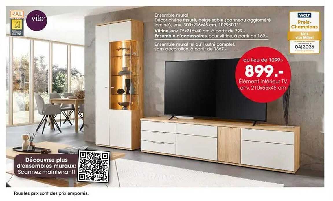 au lieu de 1299,- 899,- Elément inférieur TV env. 210x55x45 cm