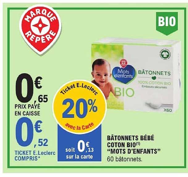 BÂTONNETS BÉBÉ COTON BIO(1) "MOTS D'ENFANTS" 60 bâtonnets.