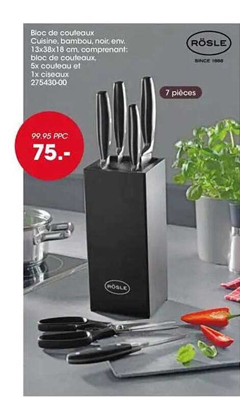 Bloc de couteaux Cuisine, bambou, noir, env. 13x38x18 cm, comprenant: Bloc de couteaux, 5x couteau et 1x ciseaux 275430-00