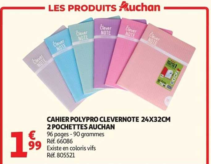 CAHIER POLYPRO CLEVERNOTE 24X32CM 2 POCHETTES AUCHAN