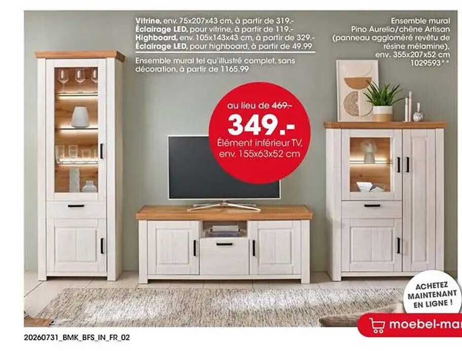 Élément inférieur TV, env. 155x63x52 cm