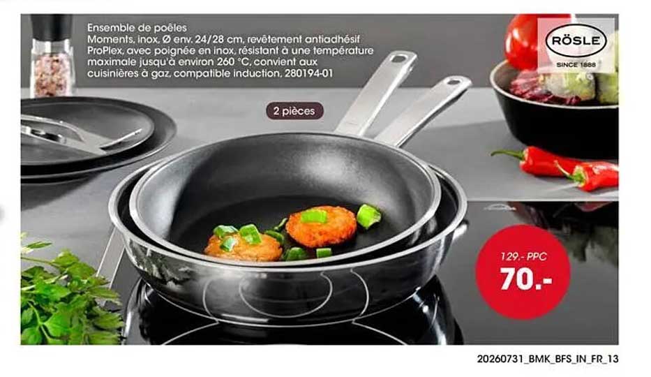 Ensemble de poêles Moments, inox, Ø env. 24/28 cm, revêtement antiadhésif ProPlex, avec poignée en inox, résistant à une température maximale jusqu'à environ 260 °C, convient aux cuisinières à gaz, compatible induction, 280194-01