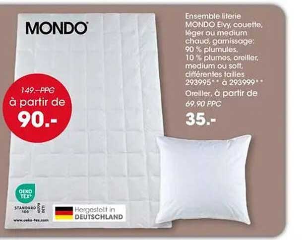 Ensemble literie MONDO Elvy, couette, léger ou medium chaud, garnissage: 90 % plumules, 10 % plumes, oreiller, medium ou soft, différentes tailles