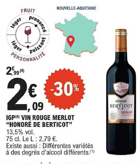 IGP VIN ROUGE MERLOT "HONORÉ DE BERTICOT"