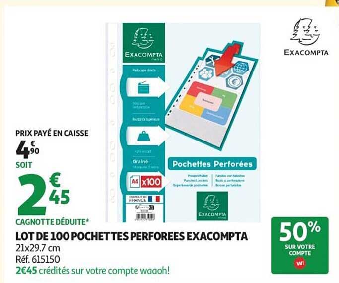 LOT DE 100 POCHETTES PERFOREES EXACOMPTA