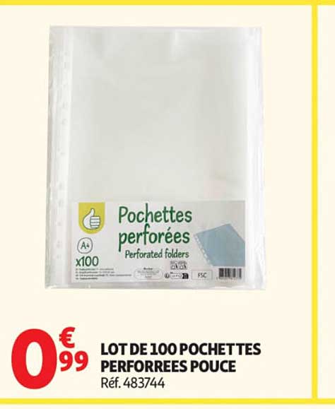 LOT DE 100 POCHETTES PERFOREES POUCE Réf. 483744