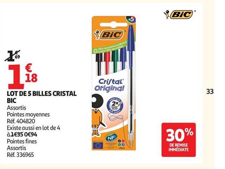 LOT DE 5 BILLES CRISTAL BIC
