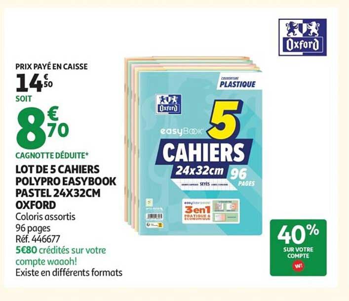 LOT DE 5 CAHIERS POLYPRO EASYBOOK PASTEL 24X32CM OXFORD