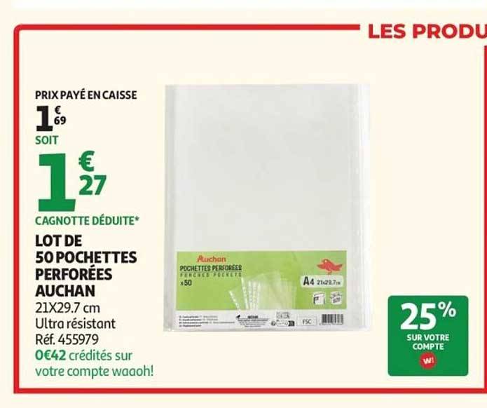 LOT DE 50 POCHETTES PERFORÉES AUCHAN