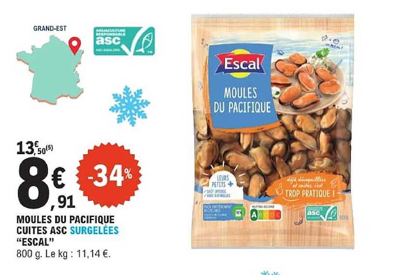 MOULES DU PACIFIQUE CUITES ASC SURGELÉES "ESCAL"
