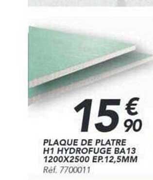 PLAQUE DE PLATRE H1 HYDROFUGE BA13 1200X2500 EP.12,5MM