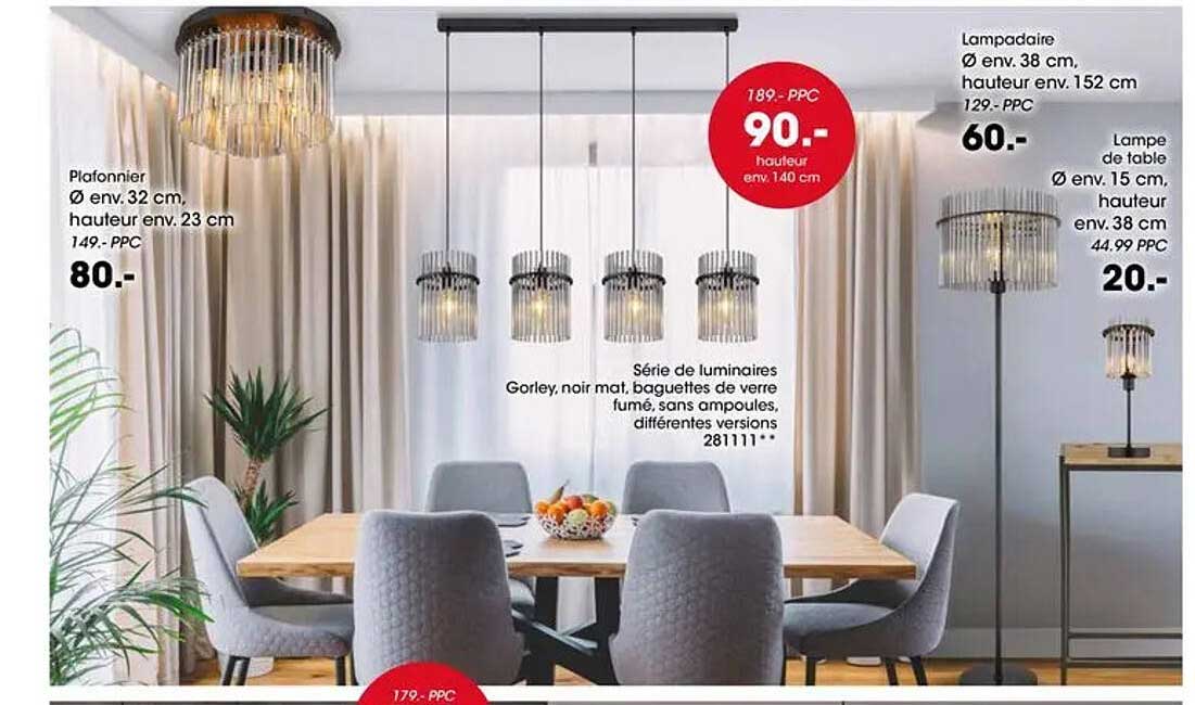 Série de luminaires Gorley, noir mat, baguettes de verre fumé, sans ampoules, différentes versions