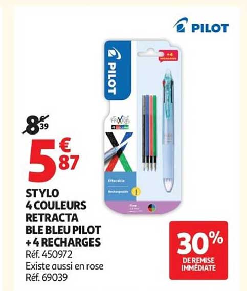 STYLO 4 COULEURS RÉTRACTABLE BLEU PILOT + 4 RECHARGES