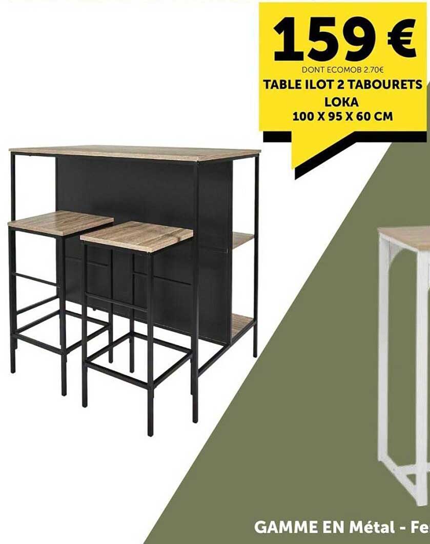 TABLE ILLOT 2 TABOURETS LOKA 100 X 95 X 60 CM