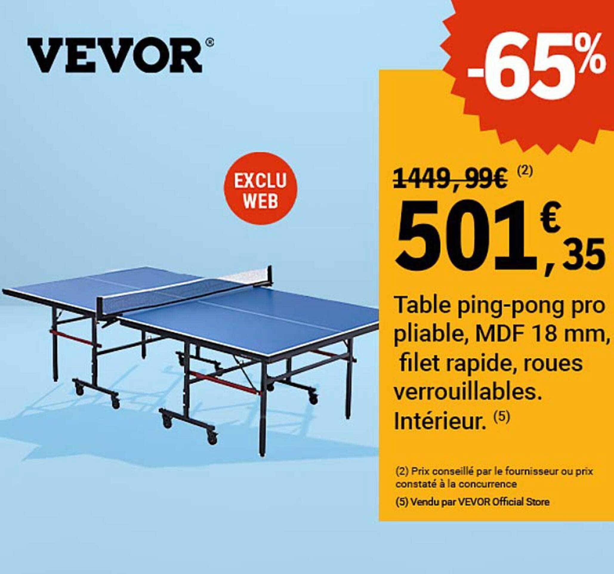 Table ping-pong pro pliable, MDF 18 mm, filet rapide, roues verrouillables. Intérieur.