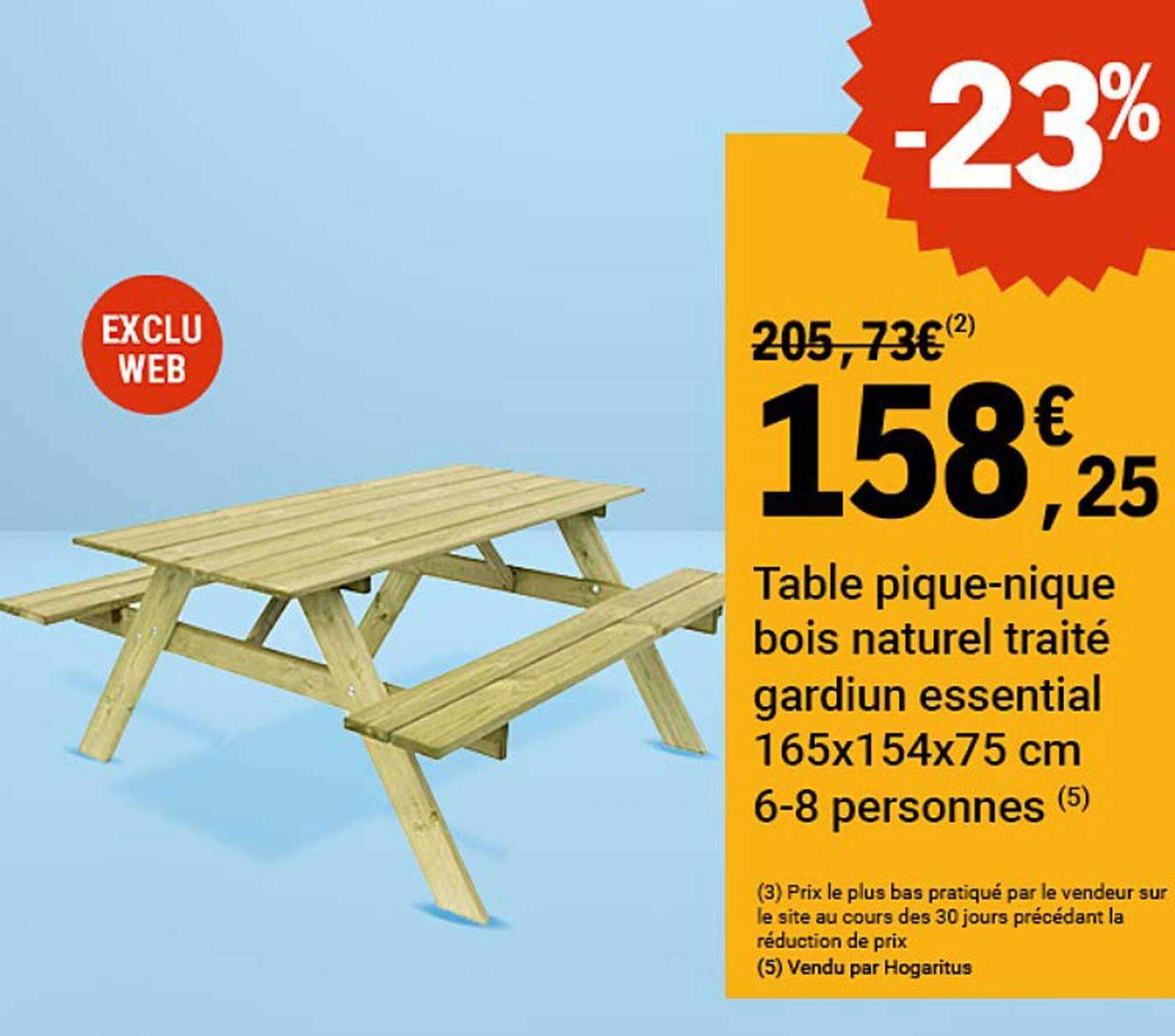 Table pique-nique bois naturel traité gardiun essential 165x154x75 cm 6-8 personnes