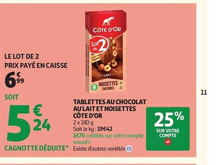 TABLETTES AU CHOCOLAT AU LAIT ET NOISETTES CÔTE D'OR