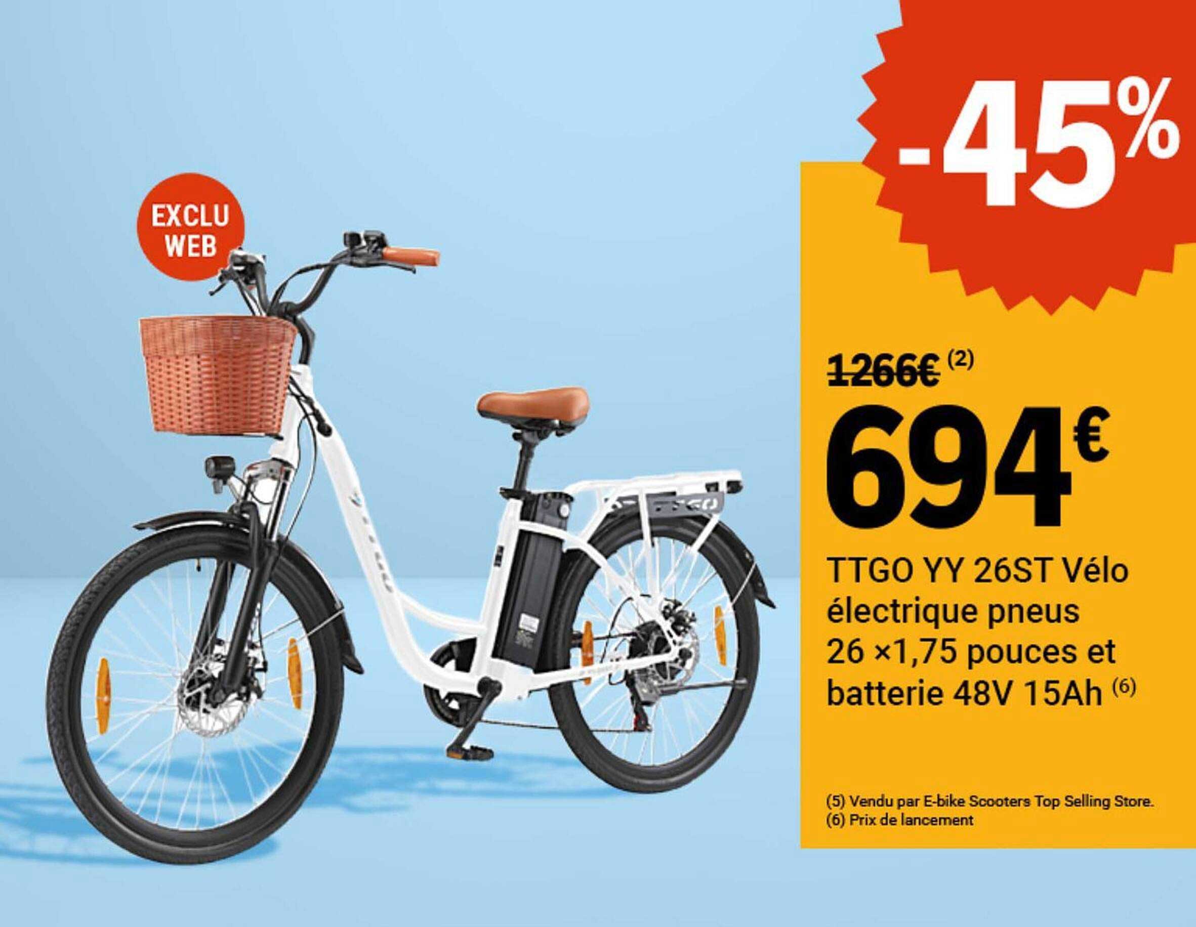 TTGO YY 26ST Vélo électrique pneus 26 × 1,75 pouces et batterie 48V 15Ah