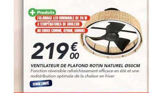 VENTILATEUR DE PLAFOND ROTIN NATUREL Ø50CM