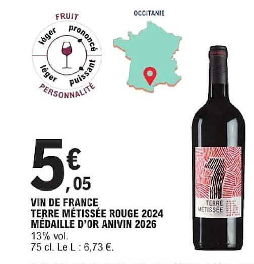VIN DE FRANCE TERRE MÉTISSÉE ROUGE 2024 MÉDAILLE D'OR ANIVIN 2026